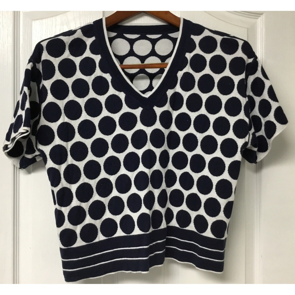 Cabo Volley Preppy Short Sleeve Sweater Navy/W Polka Dot V-neck Crop Nautical -M